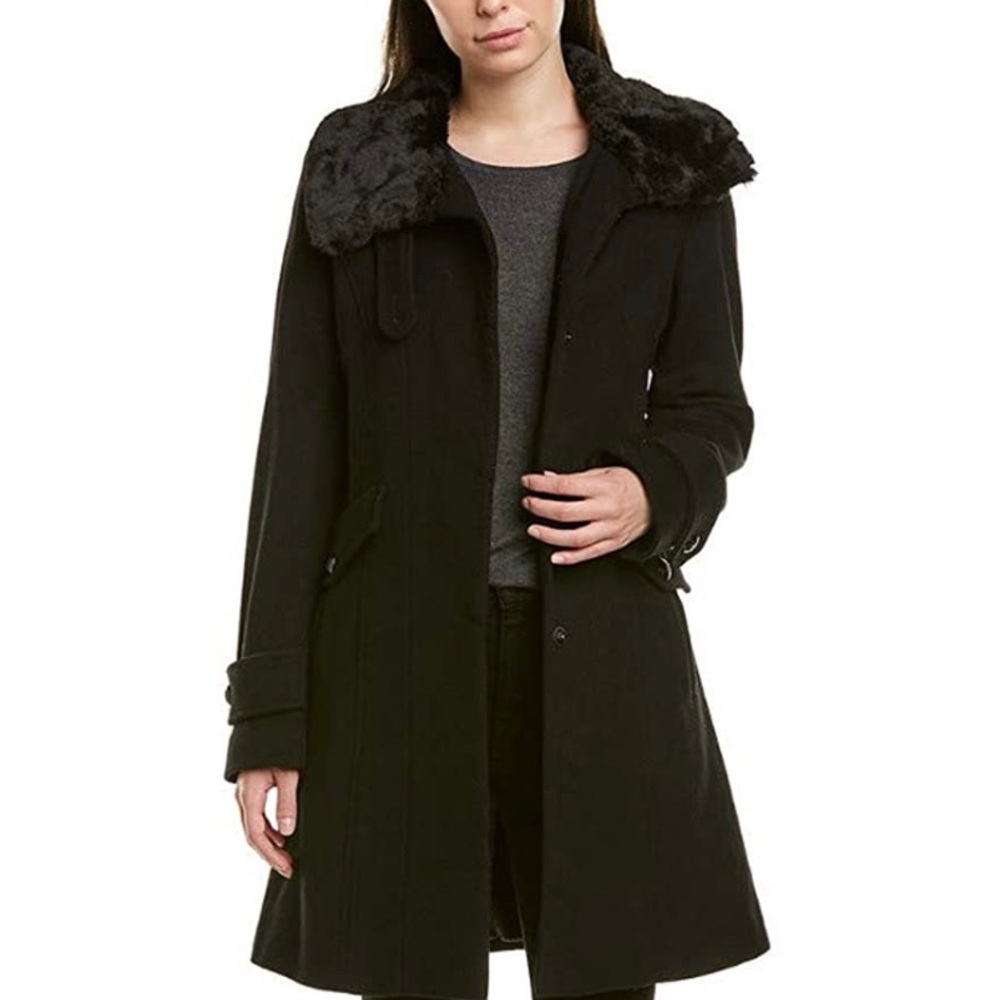 Tahari Alicia wool faux fur color coat - black